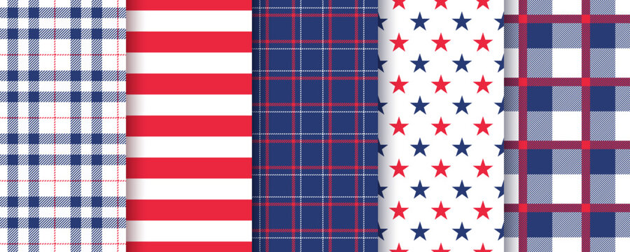 Checkered 4th July seamless background. American patriotic patterns with stars stripes. America independence textures. Set of plaid USA flag prints. Blue red wallpapers. Vector illustration.