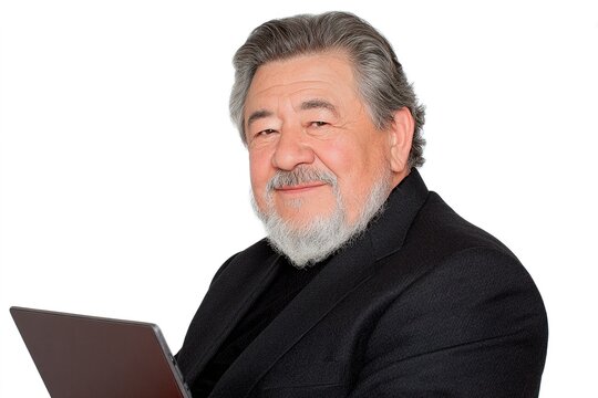 Serious older Latin man in formal suit holding desktop computer