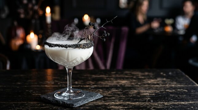 Halloween cocktail white milky drink with smoke dry ice effect and spooky black spider on branch decoration for gothic holiday party bar menu.