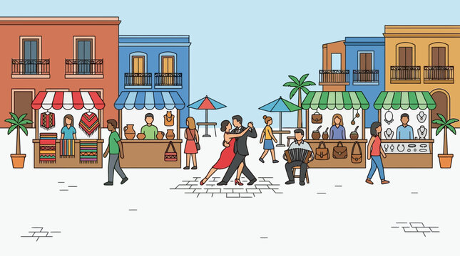 A passionate couple dancing tango in a vibrant town square.