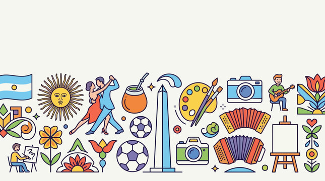 Argentina Cultural Symbols Line Art Banner.