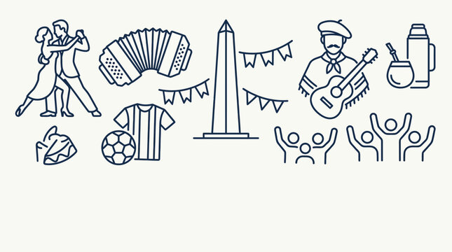 Argentina Culture and Symbols Hand Drawn Line Art Icons.