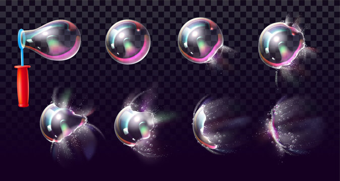 Stages of creating and popping soap bubble. Realistic rainbow ball bursts with splashes in every frame. Blowing foam with stick. Explosion animation. 3D sphere shatter steps vector set