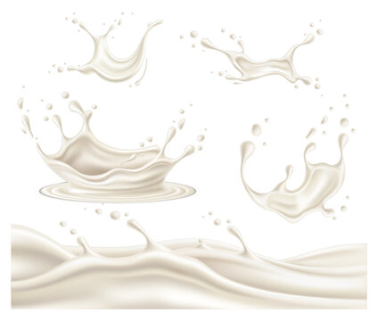 Splashes of milk. Realistic depiction of white, creamy liquid and droplets of various shapes. Healthy drink drops. Wave of yogurt. Dairy flow. Milky splashing. Vector fluid elements set