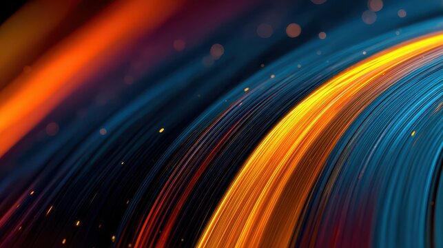 Close up of colorful glowing light lines forming abstract shape on black background.