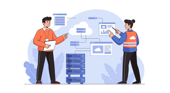 IT professionals analyzing server rack and cloud network diagrams