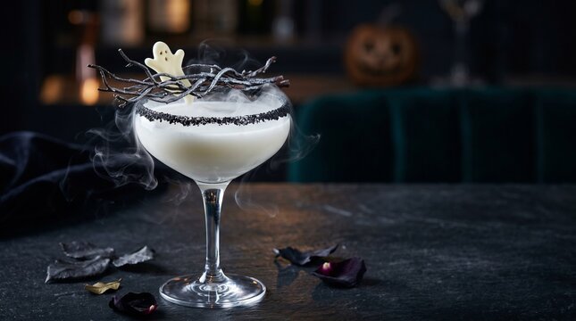 Smoky Halloween cocktail in coupe glass decorated with ghost and dark branches on bar counter, spooky fog beverage presentation for festive menu design.