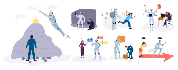 Fototapeta premium Robots versus humans. People compete and collaborate with androids. Artificial intelligence victory in completing tasks. Business teamwork. Person and cyborg rivalry scenes vector set