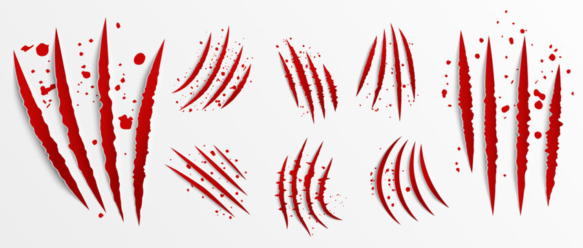 Scratches from red claws. Abstract images of bloody injuries. Bear talons marks from wild animals. Rough tears in paper. Realistic beast shred attack. Halloween style streaks vector set