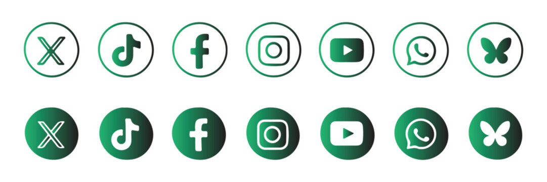 Green social media icons set including X, TikTok, Facebook, Instagram, YouTube, WhatsApp, and Bluesky butterfly logo on transparent background vector.