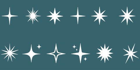 White sparkle and starburst vector icons set with glowing stars, twinkle effects and magic light sparks isolated on blue background. © Parves