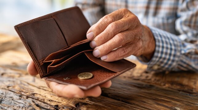 A senior man examines an empty brown wallet with a coin in hand.