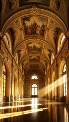 Fototapeta premium Sunlight Streaming Through Arched Windows in Ornate Cathedral Hallway