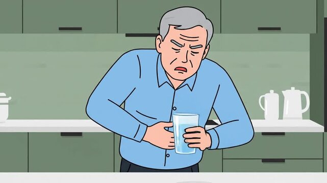 Elderly Man Struggles With Stomach Ache In The Kitchen And Drinks Water For Relief
