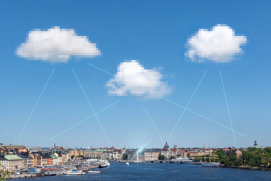 Digitally generated image of network lines connecting clouds against blue clear sky above sea