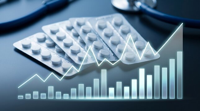 Pharmaceutical financial sales growth and medical costs inflation graph with drug pill packs, corporate healthcare market investment analysis concept.