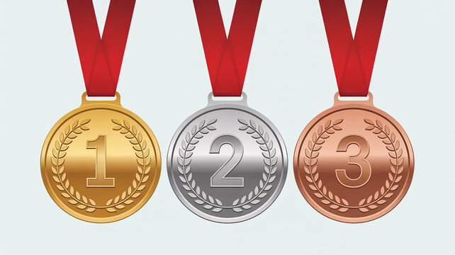Golden, silver and bronze award medals with color ribbons set on white background, winner prize, competition champion award, Sports and recreation concept