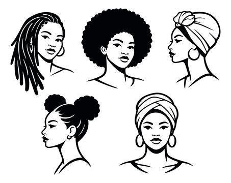 Line art portraits set featuring diverse African American women for beauty and diversity concepts