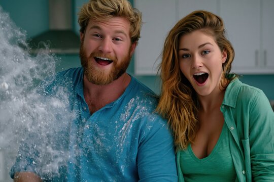 Surprised couple reacting to flour explosion in kitchen during playful baking moment for cooking blog background and social content