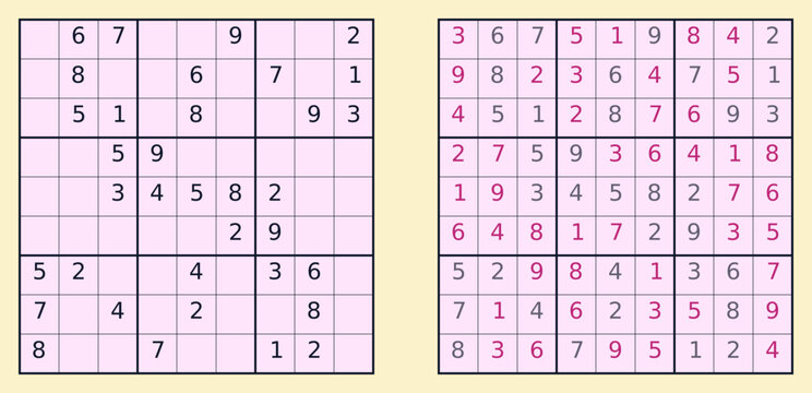 Sudoku worksheet with solution for developing concentration abilities