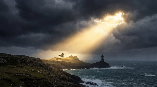 Pearly gates opening with brilliant light concept. A dramatic coastal landscape featuring a lighthouse and stormy skies.