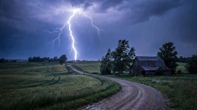 Light and sound energize scenes with lightning strikes concept. A dramatic lightning storm over a rural landscape with a barn.