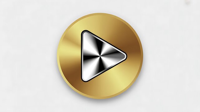 Golden play button, shiny metal icon, video start symbol, gold circle button