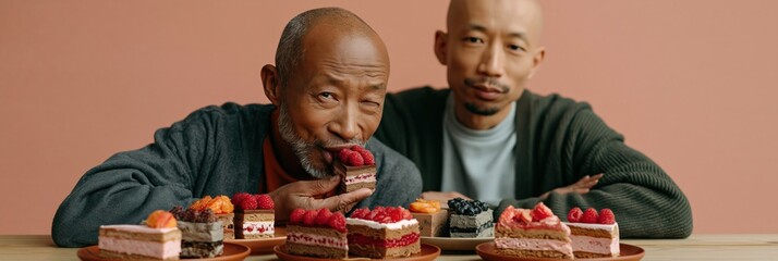Obraz premium Two men sharing assorted dessert slices with raspberries and cakes for pastry banner and family eating background design