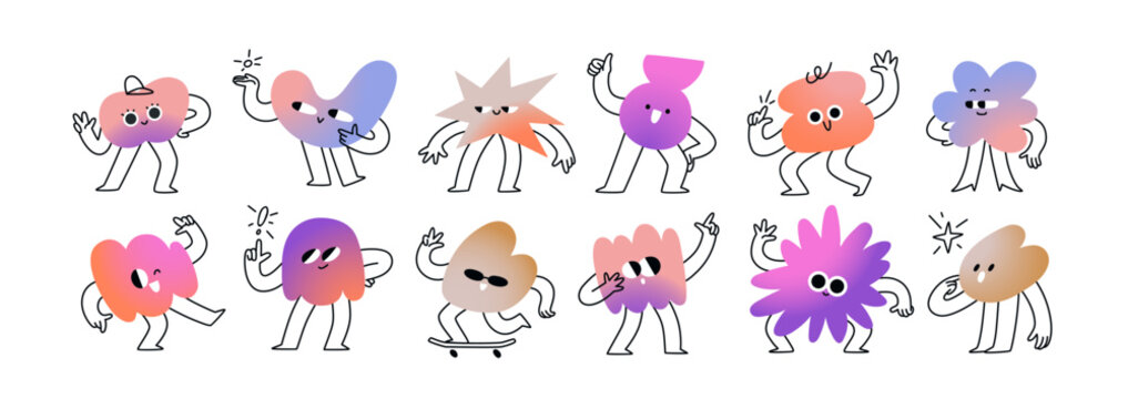 Abstract doodle blobs, funky figures set. Cute, funny cartoon characters, shapes with happy smiling faces. Comic emoji, emotions, expressions. Flat vector illustration isolated on white background