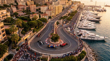 Obraz premium High angle view of open-wheel cars cornering on luxury harbor street circuit. Concept of F1 event coverage, travel advertising, race broadcast and premium tourism.