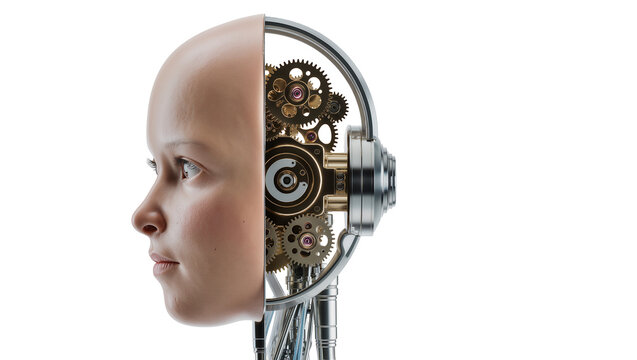 Humanoid robot head with exposed mechanical gears and circuits, isolated on transparent background