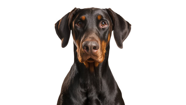 Black and tan Doberman Pinscher dog portrait, isolated on transparent background
