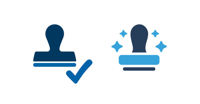 Rubber stamp approval icons with checkmark and sparkle design