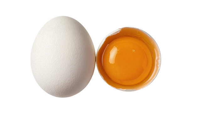 Whole white egg and cracked egg with bright orange yolk, isolated on transparent background
