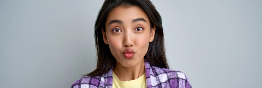 Young woman making a playful kissy face portrait in a casual plaid sweater for social media profile and banner use