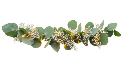 Eucalyptus garland with tiny white flowers and warm fairy lights, isolated on transparent background © Giulia