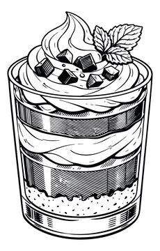 Hand drawn line art illustration of a parfait depicting layers of dessert with whipped cream, chocolate, and mint for restaurant menu design