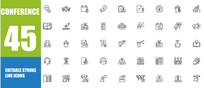 Conference and Seminar icon set. Editable line icons. Vector illustration.