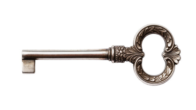 Antique ornate silver skeleton key with decorative bow, isolated on transparent background