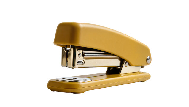 Yellow plastic and metal stapler office supply, isolated on transparent background