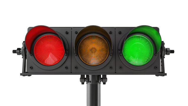 Three-light traffic signal with red amber and green lights, isolated on transparent background