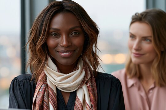 Confident professional woman wearing a silk scarf in a modern office environment for corporate profile portrait background and business website banner