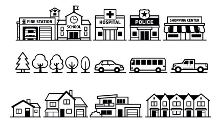 Naklejka premium Line art urban elements set featuring various buildings, vehicles, and trees for city maps and infographics
