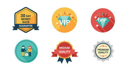 Fototapeta premium Set of professional marketing badges and labels including money back guarantee VIP status and premium quality seals.