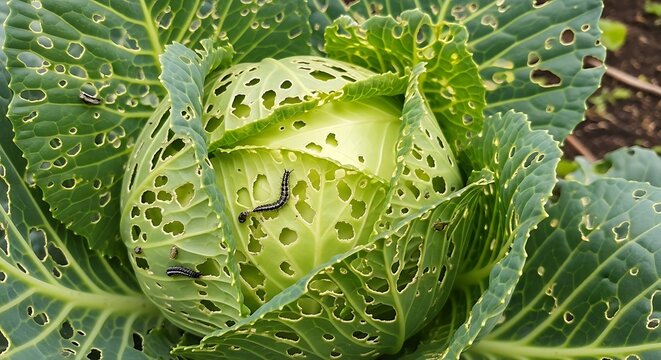Cabbage with holes in leaves outdoors.