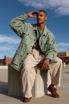 Man shading his eyes while sitting on a concrete block wearing a green jacket and wide beige pants for urban portrait background and lifestyle banner