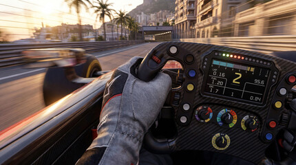 Obraz premium Driver cockpit view of open-wheel racing car on harbor street circuit. Concept of racing simulation, speed technology, sports game interface and motorsport campaign.