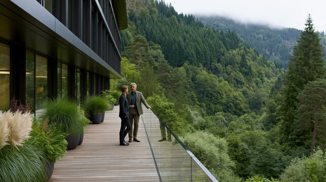 Business colleagues on a glass balcony overlooking a lush mountain valley for corporate retreat wallpaper and landscape use