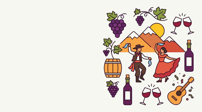 Chilean wine festival illustration with dancing couple and traditional symbols.