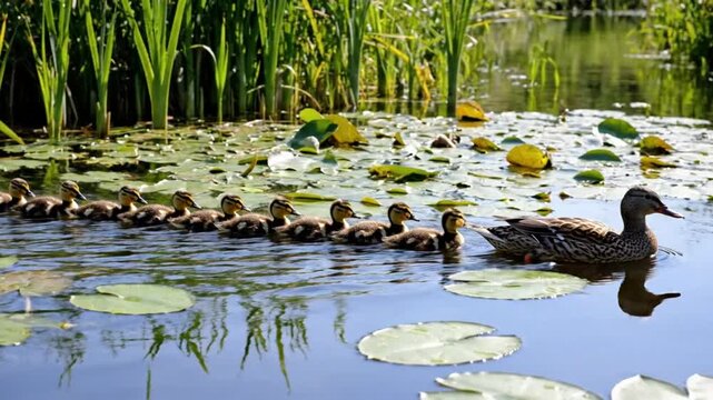 Family of Ducks Swimming in a Peaceful Pond with Lily Pads, Mother and Ducklings in Nature